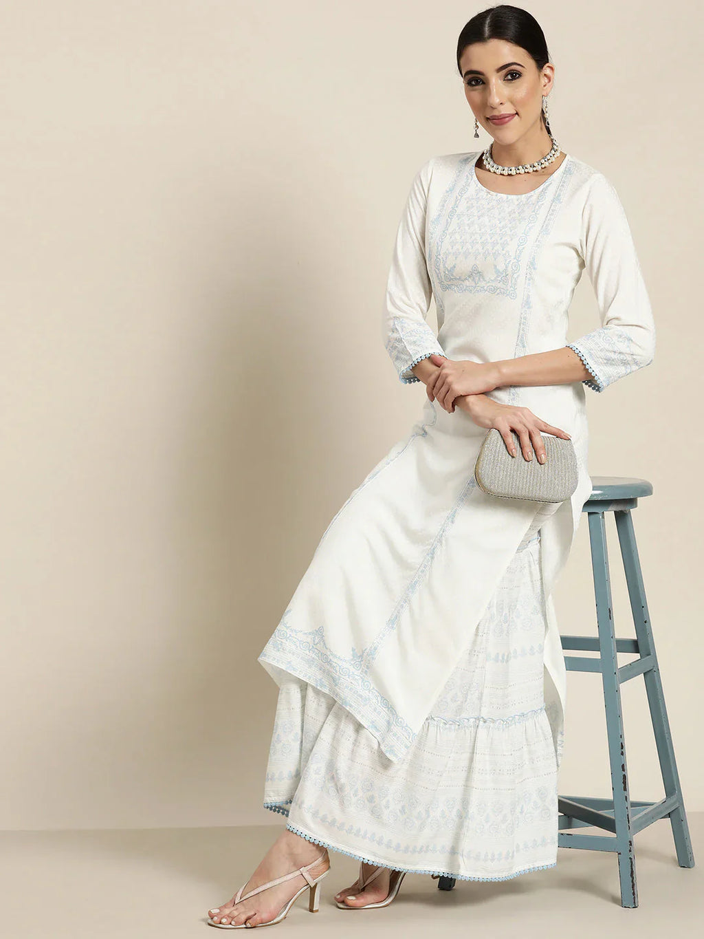 Off-White Ethnic Motif Printed Rayon Kurta Set with Gota & Lace Work | Elegant Festive Wear