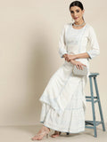 Off-White Ethnic Motif Printed Rayon Kurta Set with Gota & Lace Work | Elegant Festive Wear