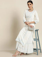 Off-White Ethnic Motif Printed Rayon Kurta Set with Gota & Lace Work | Elegant Festive Wear