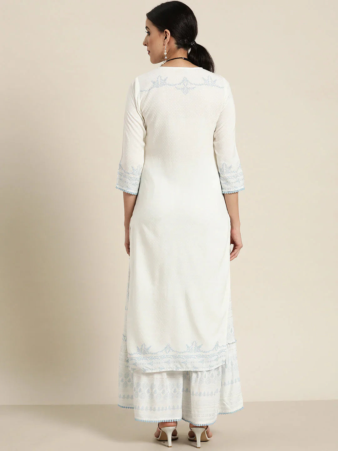 Off-White Ethnic Motif Printed Rayon Kurta Set with Gota & Lace Work | Elegant Festive Wear