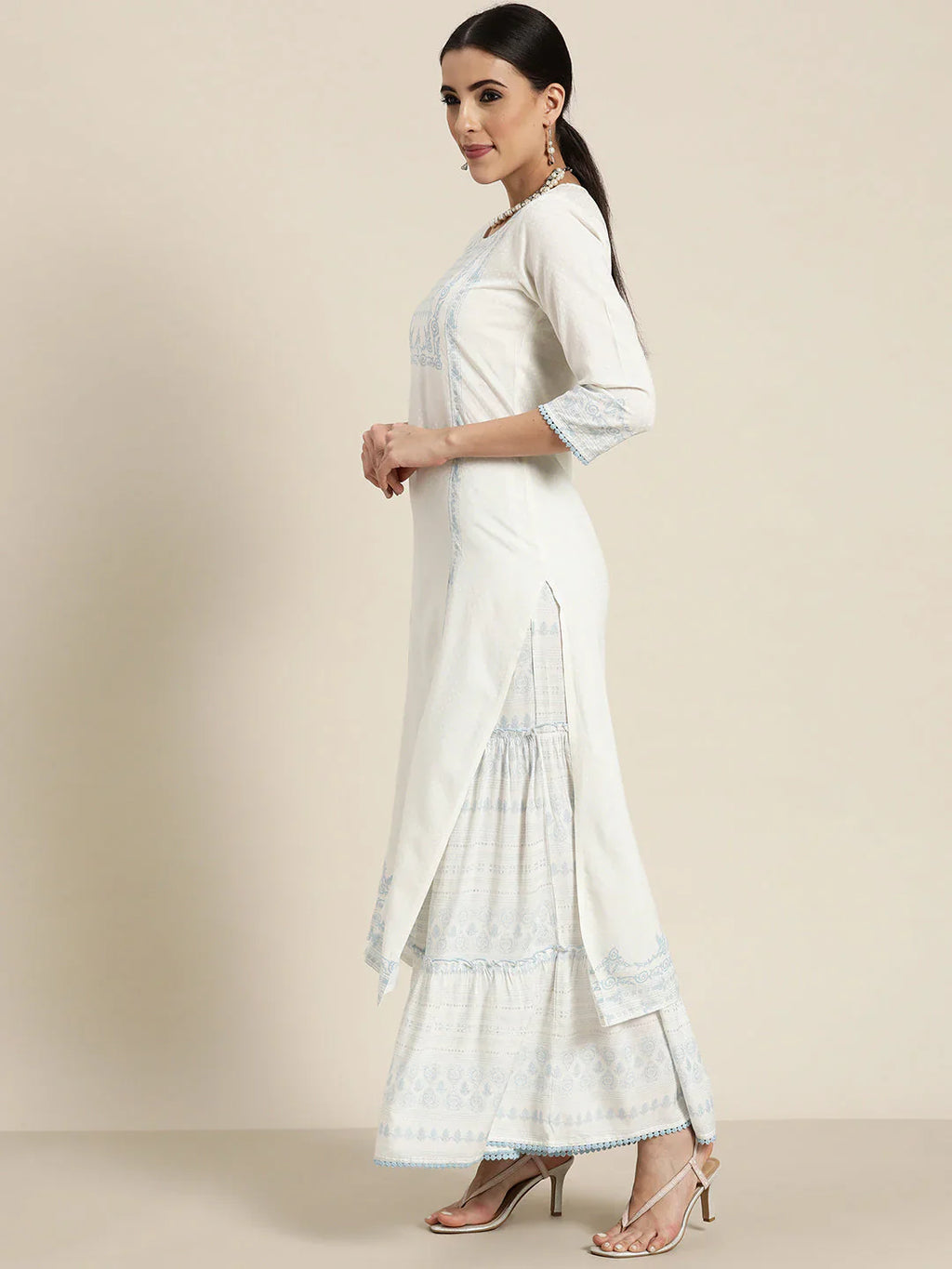 Off-White Ethnic Motif Printed Rayon Kurta Set with Gota & Lace Work | Elegant Festive Wear