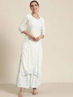 Off-White Ethnic Motif Printed Rayon Kurta Set with Gota & Lace Work | Elegant Festive Wear