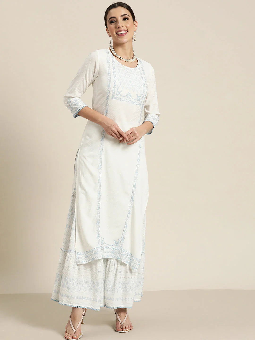 Off-White Ethnic Motif Printed Rayon Kurta Set with Gota & Lace Work | Elegant Festive Wear