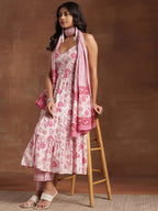 Pink Floral Printed Cotton Anarkali Suit Set| Elegant Festive Wear