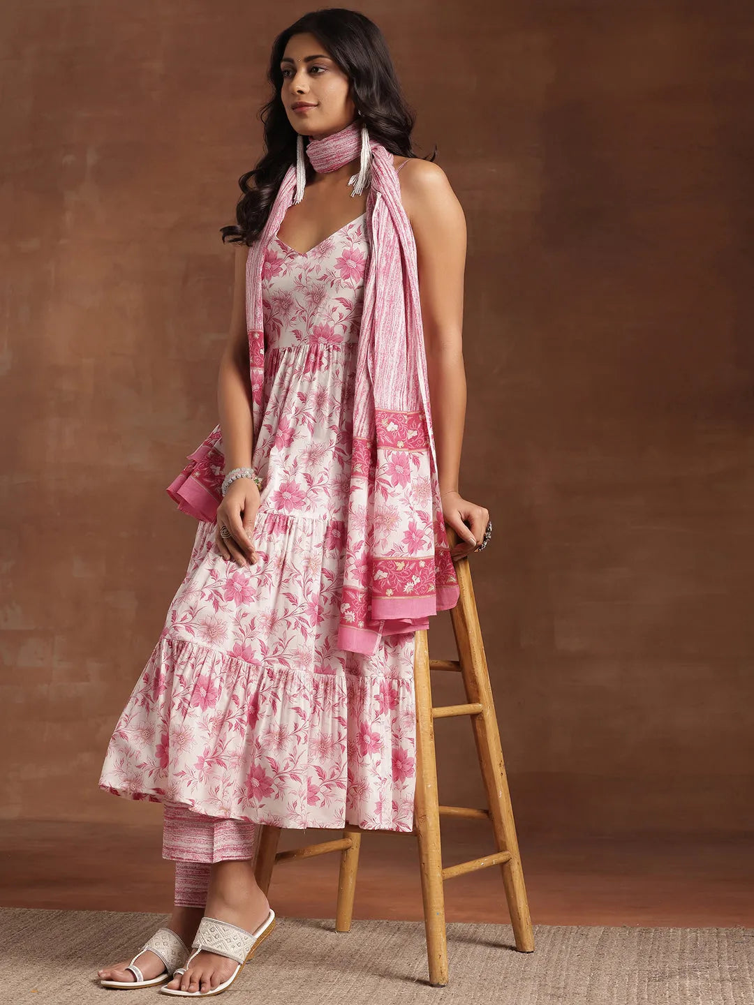 Pink Floral Printed Cotton Anarkali Suit Set| Elegant Festive Wear