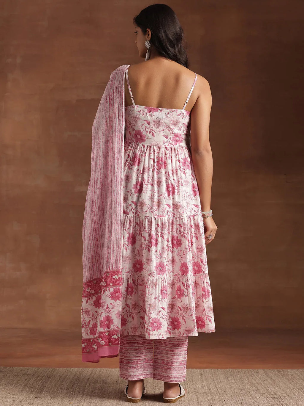 Pink Floral Printed Cotton Anarkali Suit Set| Elegant Festive Wear