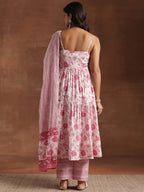 Pink Floral Printed Cotton Anarkali Suit Set| Elegant Festive Wear