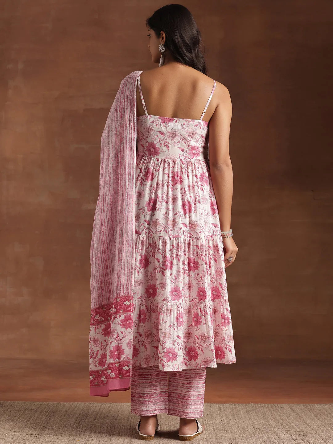 Pink Floral Printed Cotton Anarkali Suit Set| Elegant Festive Wear