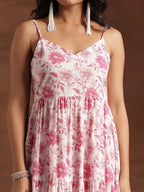 Pink Floral Printed Cotton Anarkali Suit Set| Elegant Festive Wear