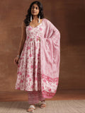 Pink Floral Printed Cotton Anarkali Suit Set| Elegant Festive Wear