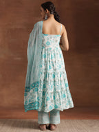 Blue Printed Cotton Anarkali Suit Set with Dupatta | Elegant Festive Wear