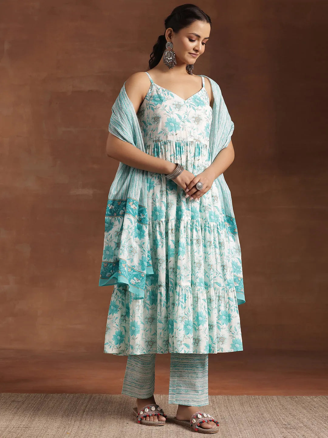 Blue Printed Cotton Anarkali Suit Set with Dupatta | Elegant Festive Wear