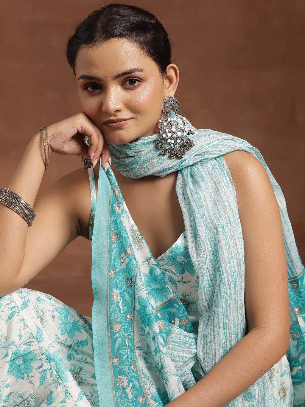 Blue Printed Cotton Anarkali Suit Set with Dupatta | Elegant Festive Wear