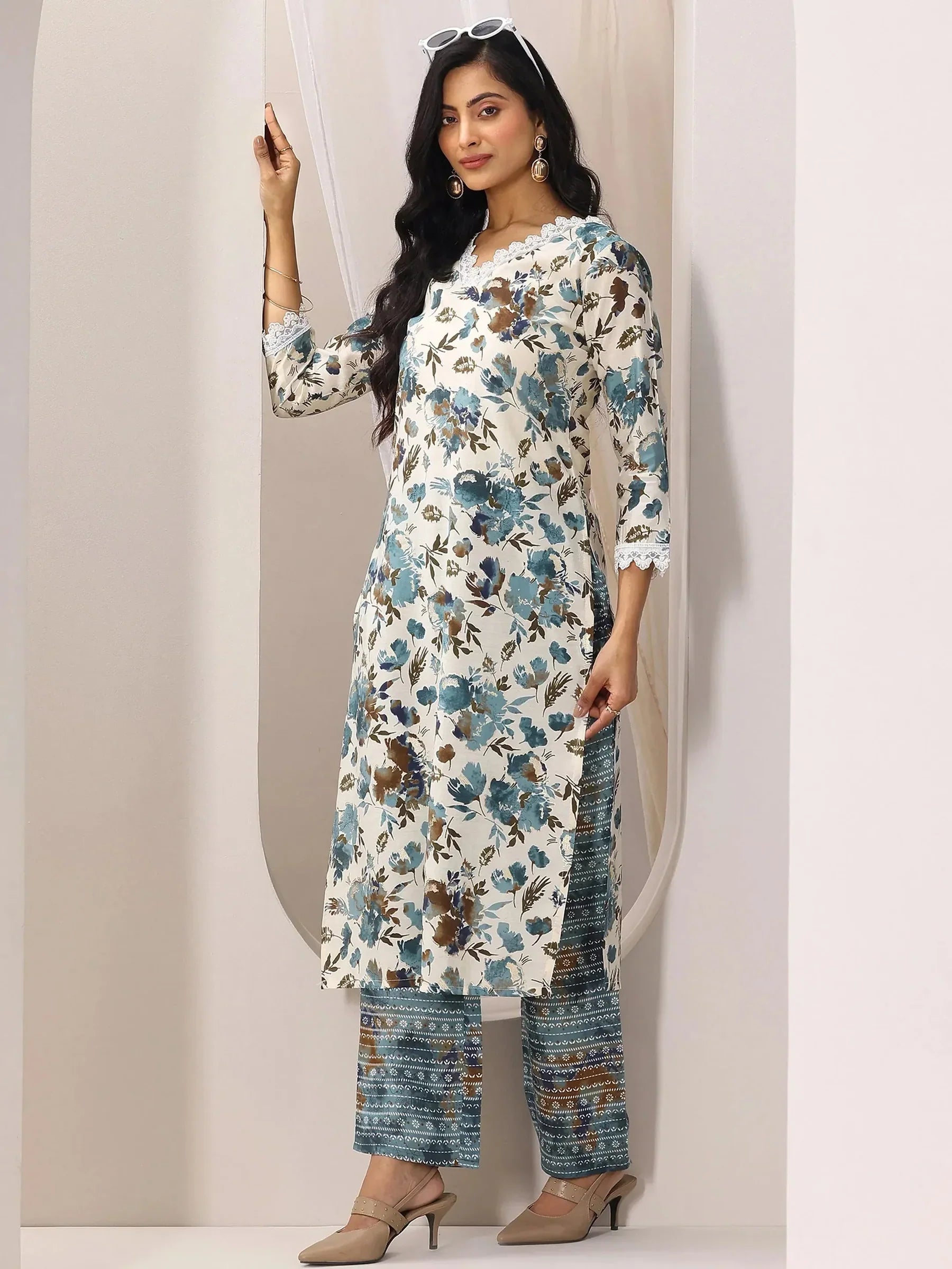 Off White Printed Silk Blend Straight Kurta Set for Women | Elegant Festive & Occasion Wear