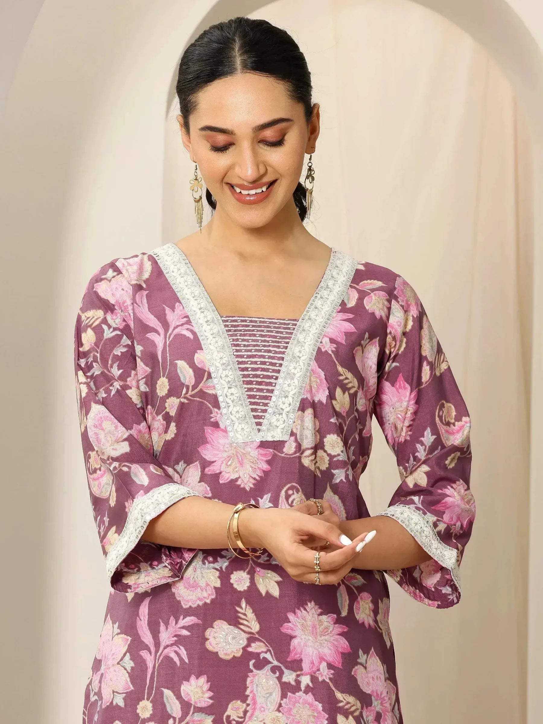 Mauve Printed Silk Blend Straight Kurta Set for Women | Elegant Festive & Occasion Wear