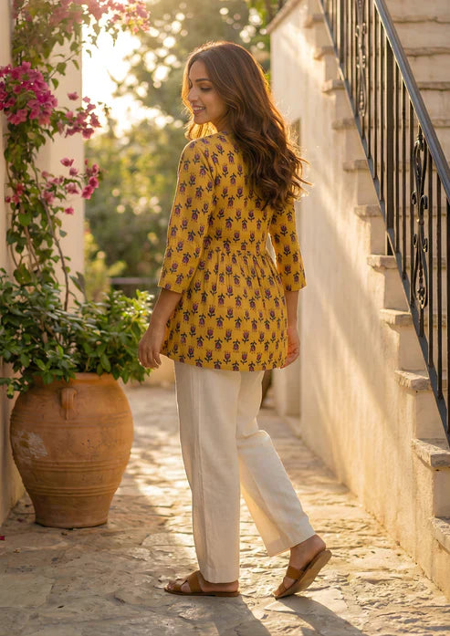 Mustard Floral Printed Cotton Short Kurta for Women | Stylish Casual Everyday Wear