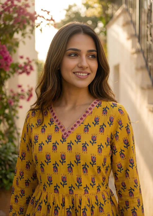 Mustard Floral Printed Cotton Short Kurta for Women | Stylish Casual Everyday Wear