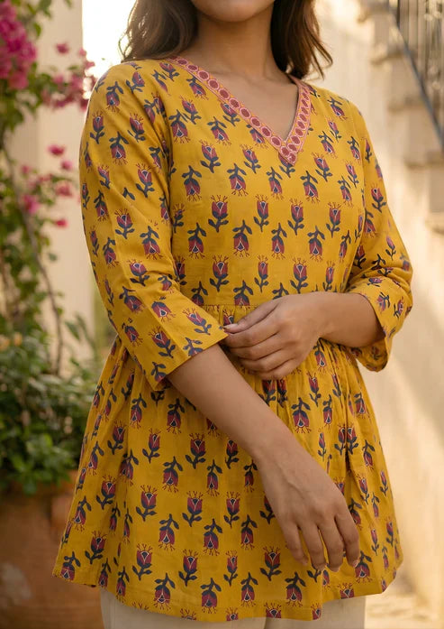 Mustard Floral Printed Cotton Short Kurta for Women | Stylish Casual Everyday Wear