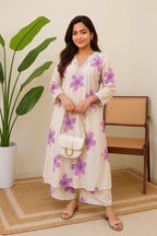 Off White Floral Printed Cotton Kurta & Palazzo Set for Women | Elegant Summer Ethnic Wear