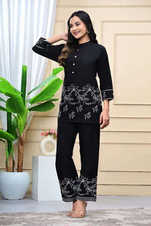 Black Embroidered Cotton Co-Ord Set for Women | Minimal Luxury Everyday Wear