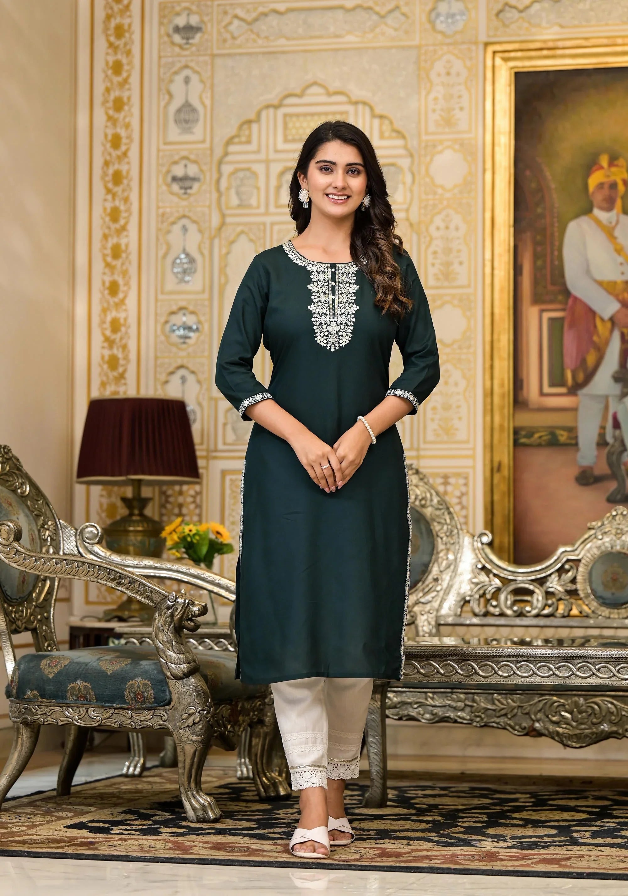 Green Thread Embroidered Rayon Kurta for Women | Elegant Everyday & Festive Wear
