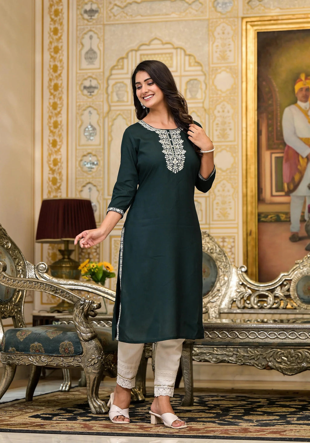 Green Thread Embroidered Rayon Kurta for Women | Elegant Everyday & Festive Wear