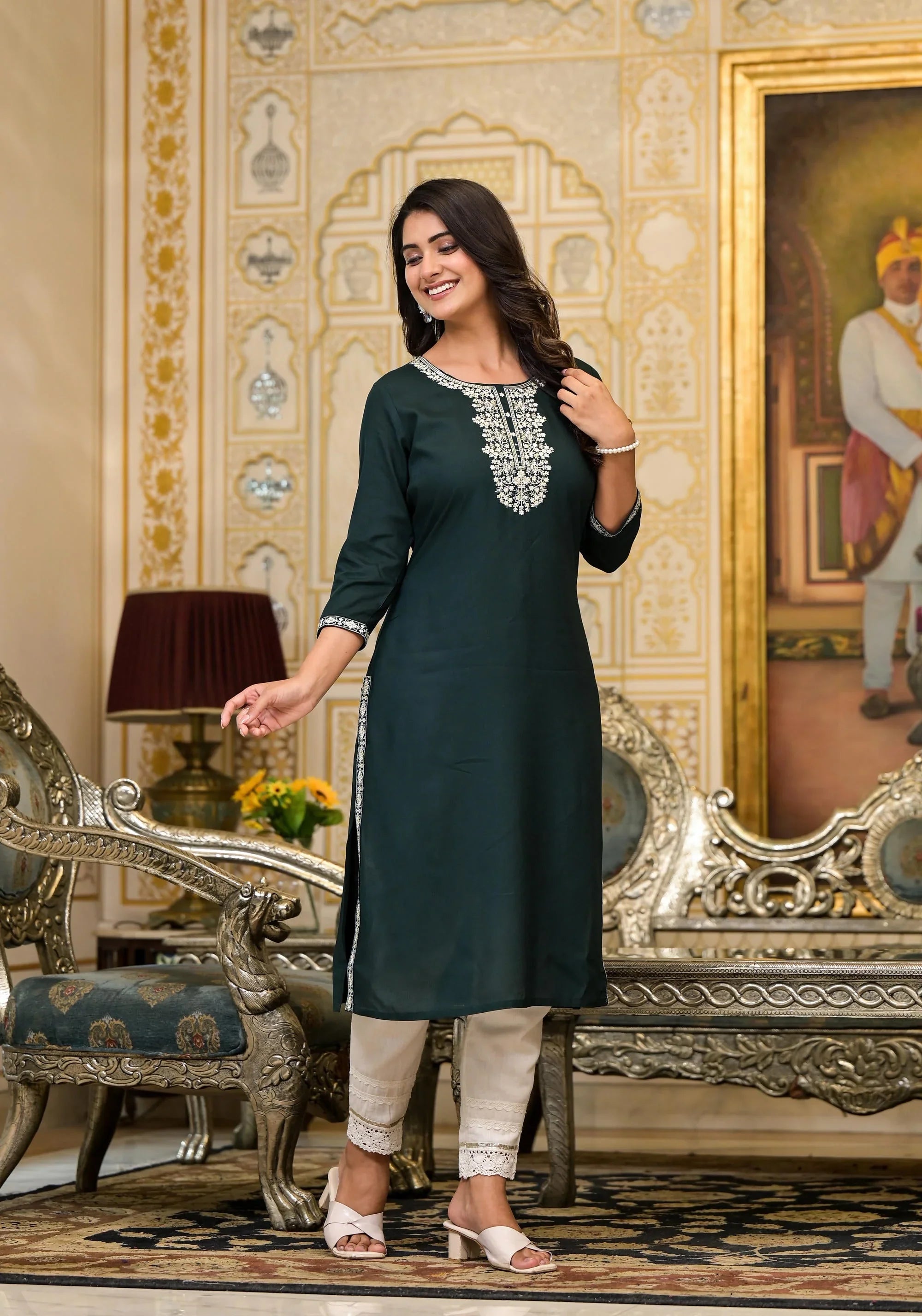 Green Thread Embroidered Rayon Kurta for Women | Elegant Everyday & Festive Wear
