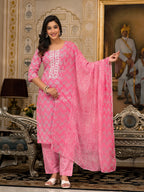 Pink Ethnic Motif Printed Cotton Kurta Pant & Dupatta Set with Thread & Mirror Work | Festive Wear