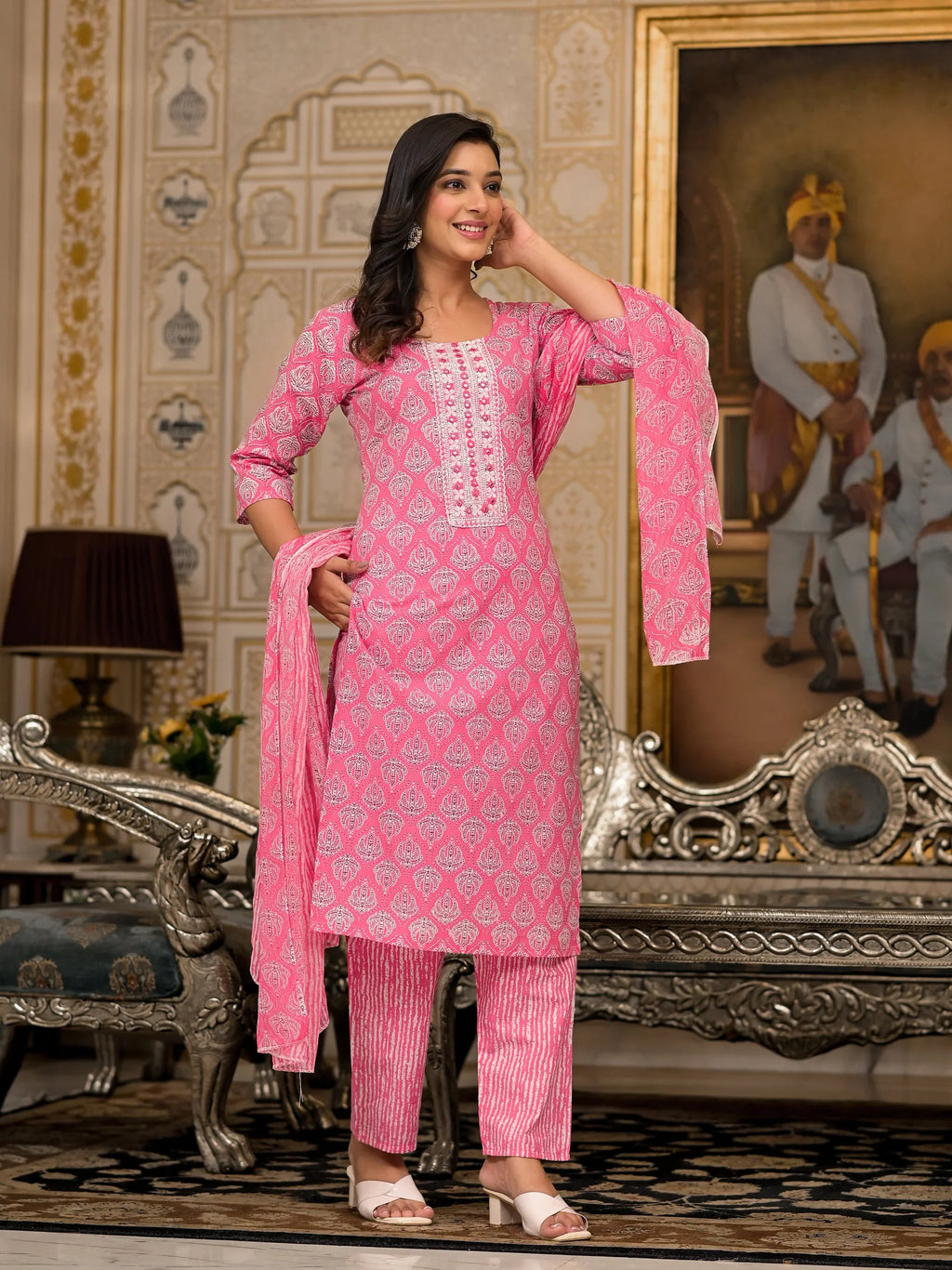 Pink Ethnic Motif Printed Cotton Kurta Pant & Dupatta Set with Thread & Mirror Work | Festive Wear