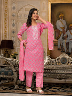 Pink Ethnic Motif Printed Cotton Kurta Pant & Dupatta Set with Thread & Mirror Work | Festive Wear