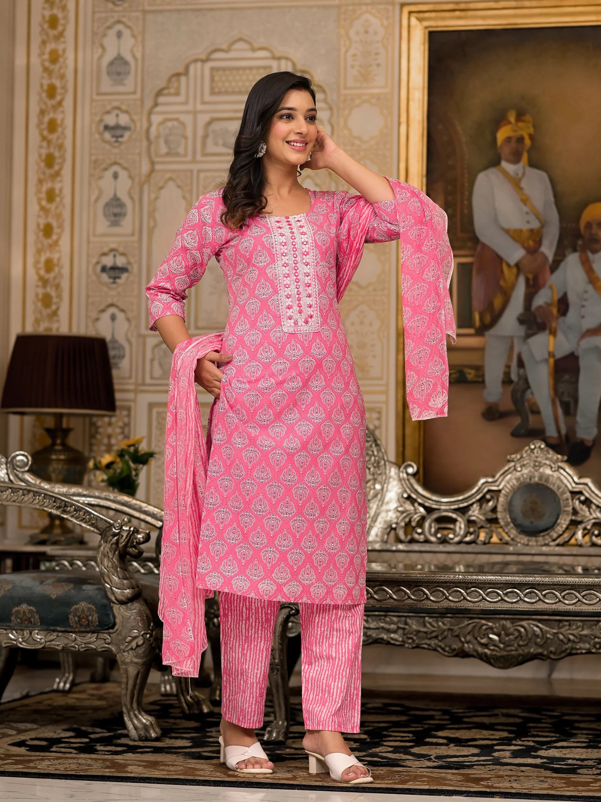 Pink Ethnic Motif Printed Cotton Kurta Pant & Dupatta Set with Thread & Mirror Work | Festive Wear