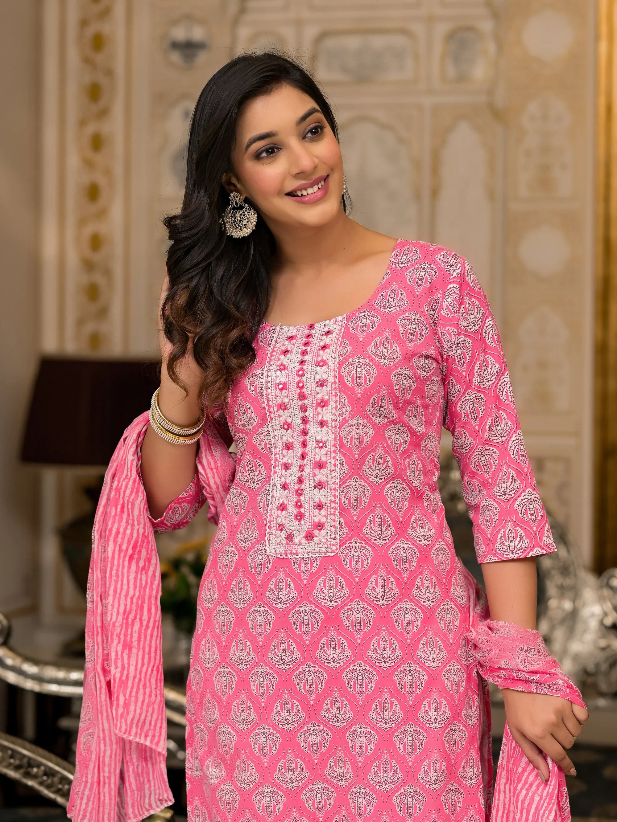 Pink Ethnic Motif Printed Cotton Kurta Pant & Dupatta Set with Thread & Mirror Work | Festive Wear
