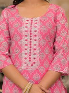 Pink Ethnic Motif Printed Cotton Kurta Pant & Dupatta Set with Thread & Mirror Work | Festive Wear