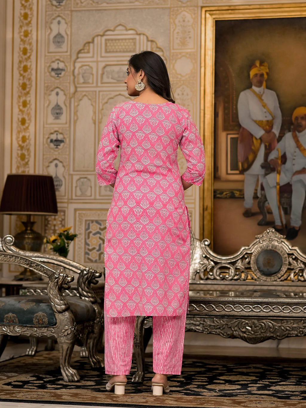 Pink Ethnic Motif Printed Cotton Kurta Pant & Dupatta Set with Thread & Mirror Work | Festive Wear