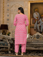 Pink Ethnic Motif Printed Cotton Kurta Pant & Dupatta Set with Thread & Mirror Work | Festive Wear