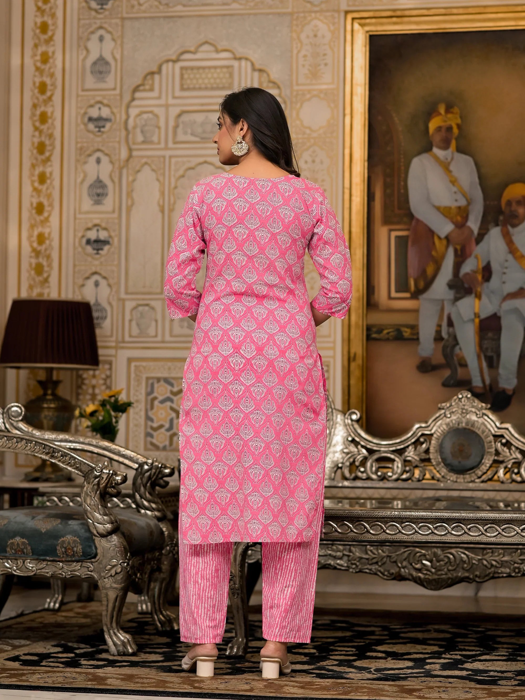 Pink Ethnic Motif Printed Cotton Kurta Pant & Dupatta Set with Thread & Mirror Work | Festive Wear