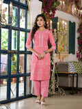 Peach Floral Printed Cotton Kurta & Pant Set for Women with Lace & Button Detailing | Elegant Everyday Wear