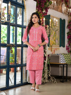 Peach Floral Printed Cotton Kurta & Pant Set for Women with Lace & Button Detailing | Elegant Everyday Wear