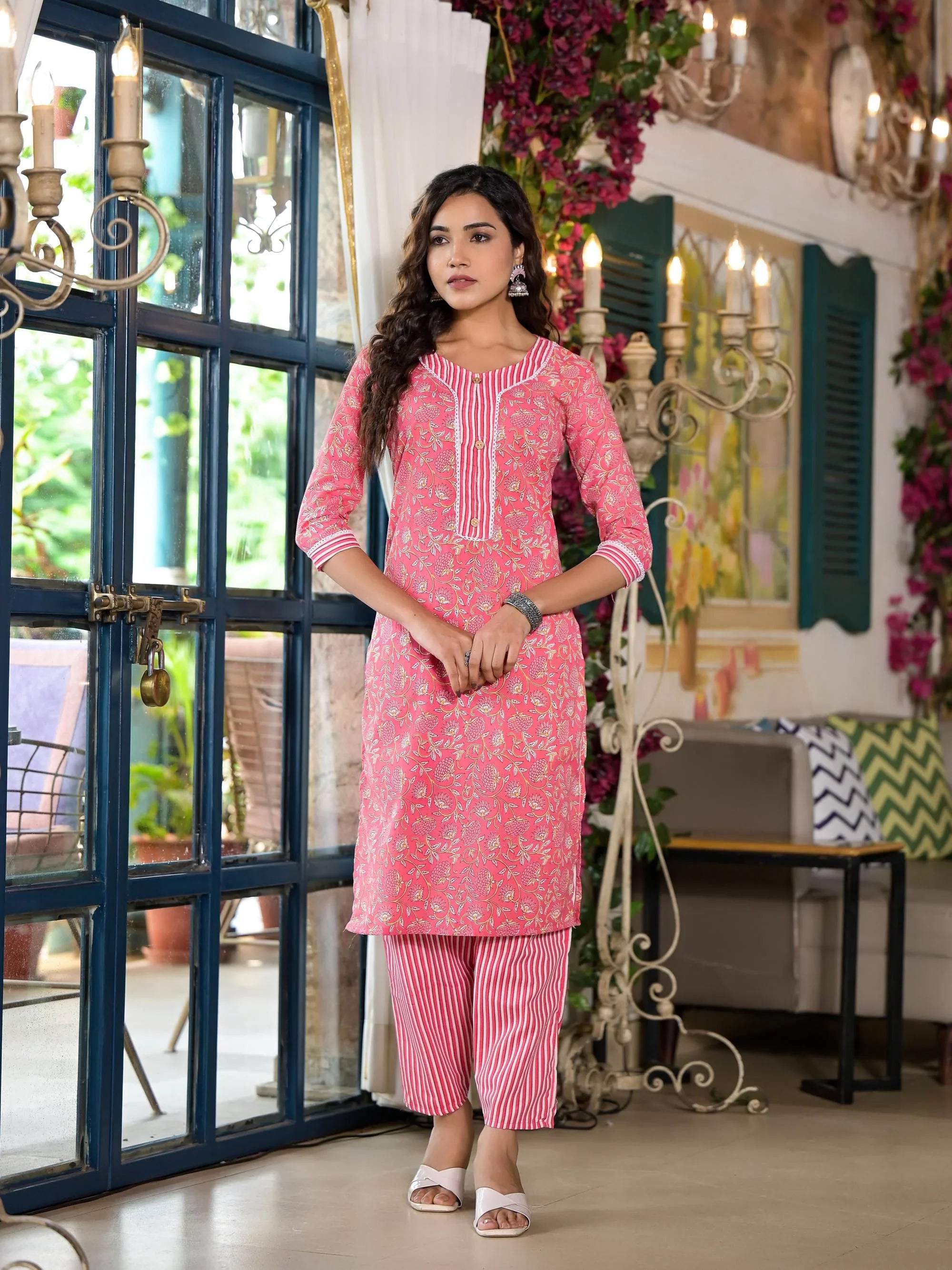Peach Floral Printed Cotton Kurta & Pant Set for Women with Lace & Button Detailing | Elegant Everyday Wear