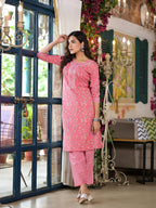 Peach Floral Printed Cotton Kurta & Pant Set for Women with Lace & Button Detailing | Elegant Everyday Wear