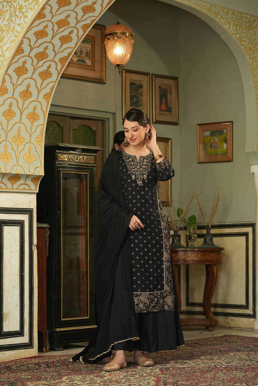 Black Ethnic Motif Printed Rayon Kurta Palazzo & Dupatta Set with Zari Work Embroidery | Festive Premium Wear