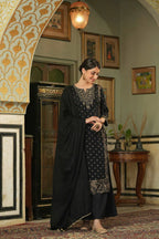 Black Ethnic Motif Printed Rayon Kurta Palazzo & Dupatta Set with Zari Work Embroidery | Festive Premium Wear