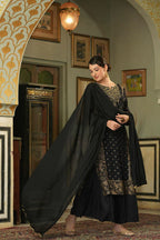 Black Ethnic Motif Printed Rayon Kurta Palazzo & Dupatta Set with Zari Work Embroidery | Festive Premium Wear
