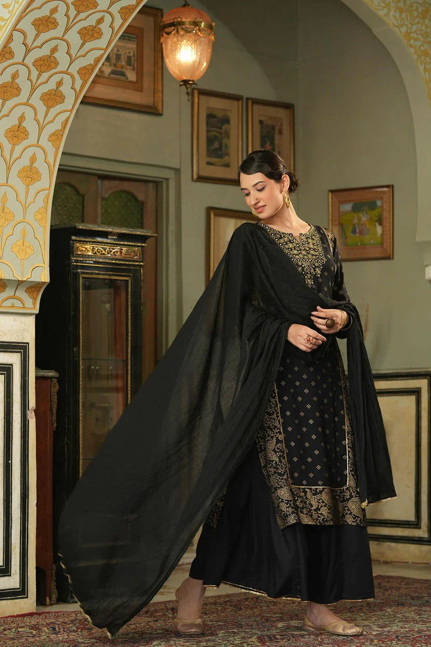 Black Ethnic Motif Printed Rayon Kurta Palazzo & Dupatta Set with Zari Work Embroidery | Festive Premium Wear