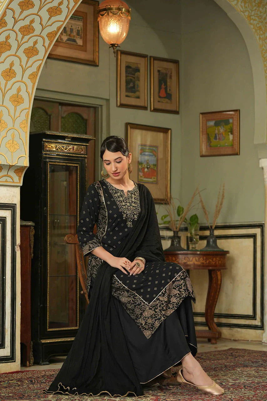 Black Ethnic Motif Printed Rayon Kurta Palazzo & Dupatta Set with Zari Work Embroidery | Festive Premium Wear