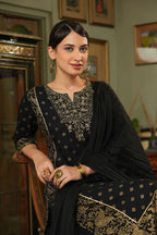 Black Ethnic Motif Printed Rayon Kurta Palazzo & Dupatta Set with Zari Work Embroidery | Festive Premium Wear