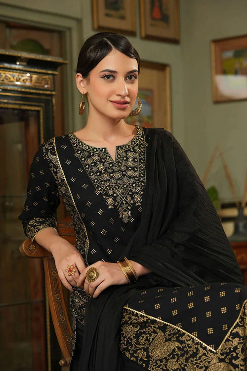 Black Ethnic Motif Printed Rayon Kurta Palazzo & Dupatta Set with Zari Work Embroidery | Festive Premium Wear