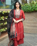 Maroon Pure Cotton Printed Kurta Pant & Dupatta Set for Women | Elegant Ethnic Wear