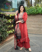 Maroon Pure Cotton Printed Kurta Pant & Dupatta Set for Women | Elegant Ethnic Wear