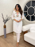 White Cotton Embroidered & Khatli Hand Work Kurta Pant Set for Women | Premium Ethnic Wear